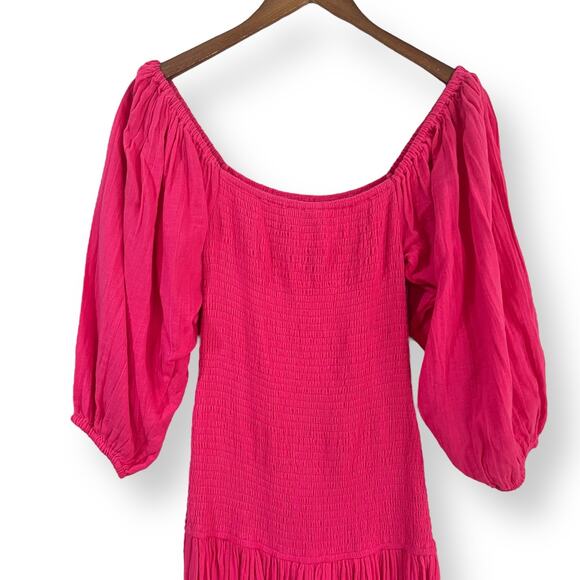 NWT Rhode Resort Harper Printed Smocked Midi Dress Size M Hot Pink Puff Sleeves - Picture 9 of 11